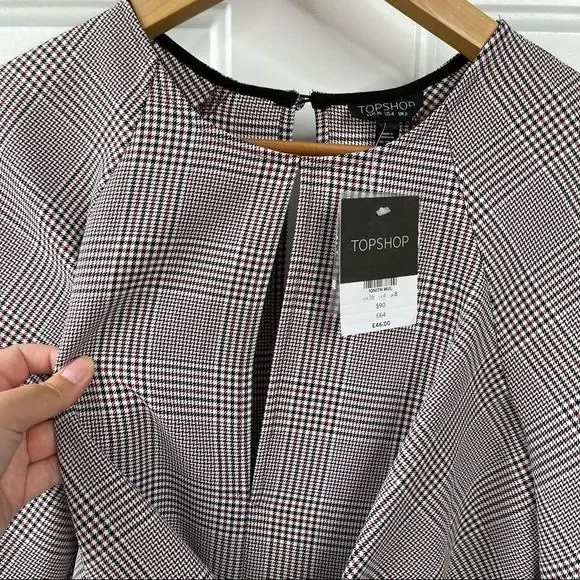 Topshop NEW Houndstooth Front Tie Plaid White Red Mini DresS Size 4 - Picture 3 of 16